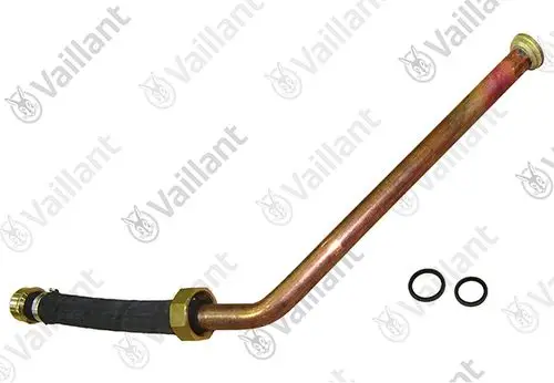 Vaillant Rohr mit gebogenem Metallteil und gummierter Verbindung, ausgestattet mit zwei O-Ringen zur Abdichtung.